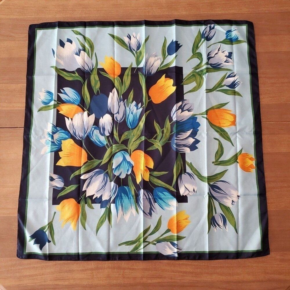 Womens Vintage Navy Blue Multicolor Tulip Floral Polyester Square Scarf Border
